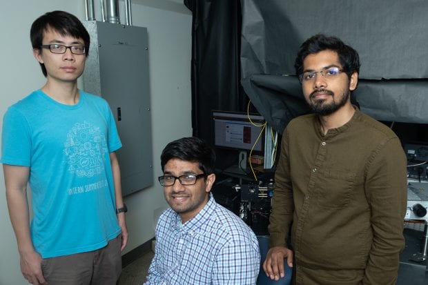 Rice University’s MOANA team includes (from left) Yongyi Zhao, Ankit Raghuram and Akshat Dave. (Photo by Jeff Fitlow/Rice University)