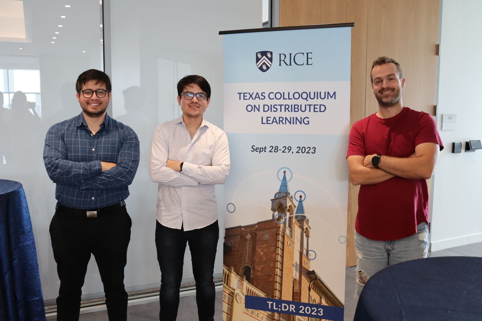 K2I Members Sebastian Perez-Salazar (from left), César Uribe and Anastasios Kyrillidis helped organize a two-day summit of talks on distributed computing and large-scale machine learning. (Photo courtesy of Michael Busch/Rice University)