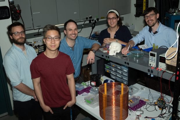 Rice University’s MOANA team includes (from left) Charles Sebesta, Josh Chen, Jacob Robinson, Amanda Wickens and Gillaume Duret. (Photo by Jeff Fitlow/Rice University)