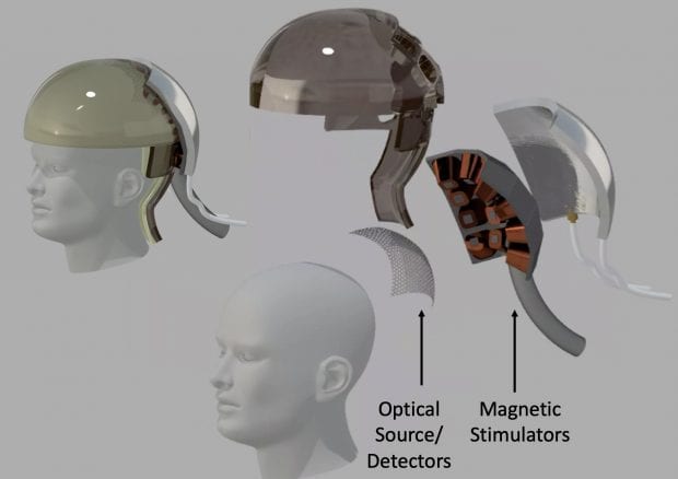The Defense Advanced Research Projects Agency has funded an ambitious four-year project to develop headset technology that can directly link two human brains without the need for surgery. Led by neuroengineers at Rice University, the team is creating MOANA, a nonsurgical device capable of both decoding neural activity in one person’s visual cortex and recreating it in another’s in less than one-twentieth of a second. The above image and animation depict the planned components of the MOANA headset. (Image and animation courtesy of J. Robinson/Rice University)