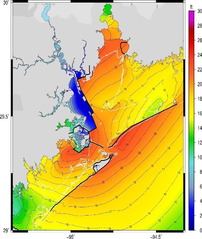 ADCIRC+SWAN modeling results showing effectiveness of Galveston Bay Park/Mid-Bay Alternative mitigation proposal by SSPEED Center to protect the area from storm surge. Source: Analysis by Dr. Clint Dawson for the SSPEED Center.