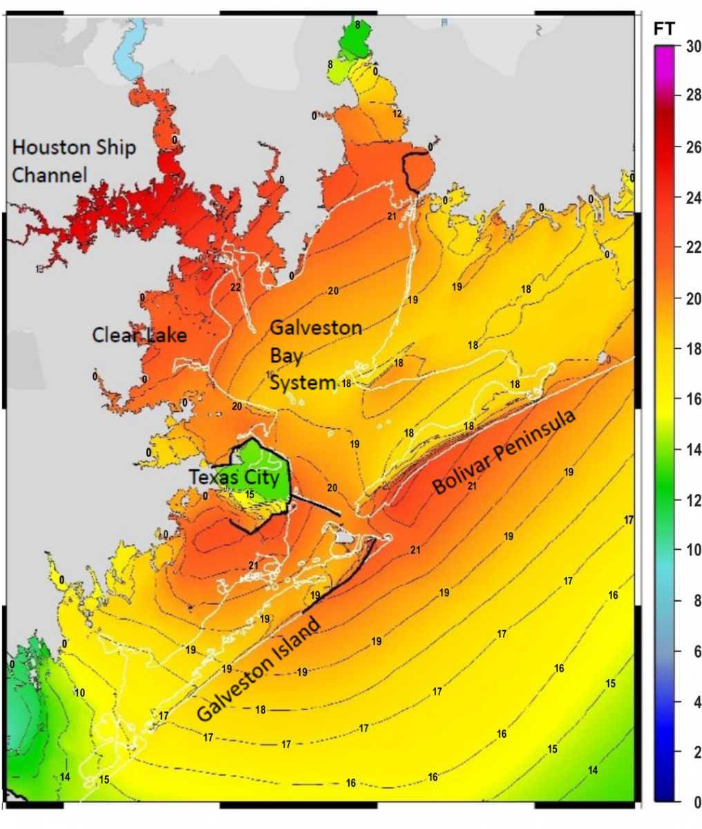 ADCIRC+SWAN modeling results for a reasonable worst-case storm making landfall at the west end of Galveston Island. Source: Analysis by Dr. Clint Dawson for the SSPEED Center. Image prepared by Christina Walsh for the SSPEED Center.