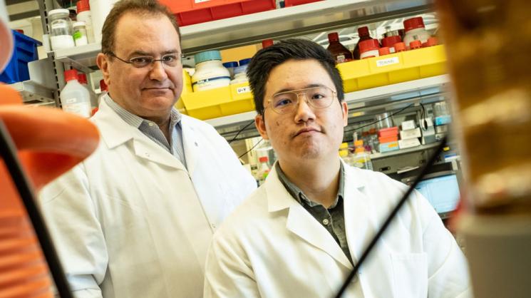 Rice bioengineer Antonios Mikos, left, and graduate student Jason Guo. Photo by Jeff Fitlow