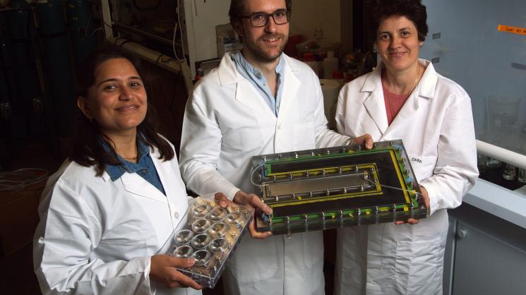 Rice University researchers (from left) Pratiksha Dongare, Alessandro Alabastri and Oara Neumann showed that Rice’s “nanophotonics-enabled solar membrane distillation” (NESMD) system was more efficient when the size of the device was scaled up and light w