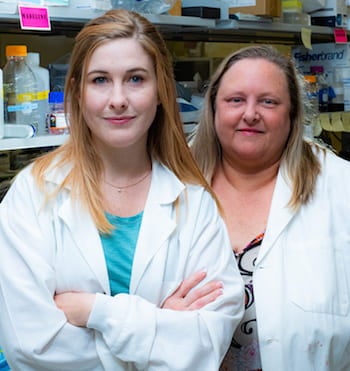 Rice graduate student Madeline Monroe, left, and bioengineer Jane Grande-Allen led a project to use layered filter paper to mimic aortic heart valves. The technique revealed that a natural collagen appears to have a strong association with calcification when it is found outside its usual domain. Photo by Jeff Fitlow